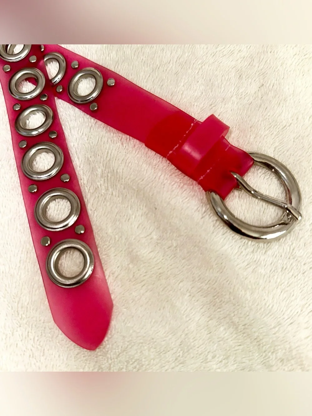 Y2K Hot Pink Jelly Grommet Belt Silver Tone Eyelets Retro 2000s Accessory 38”